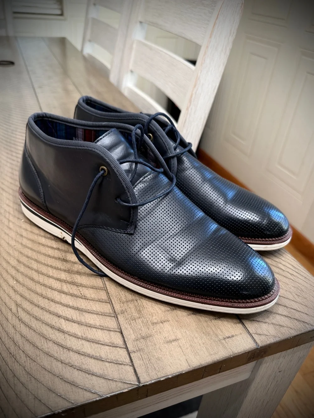 Men's Navy Perforated Leather Chukka Boots with Contrast Sole